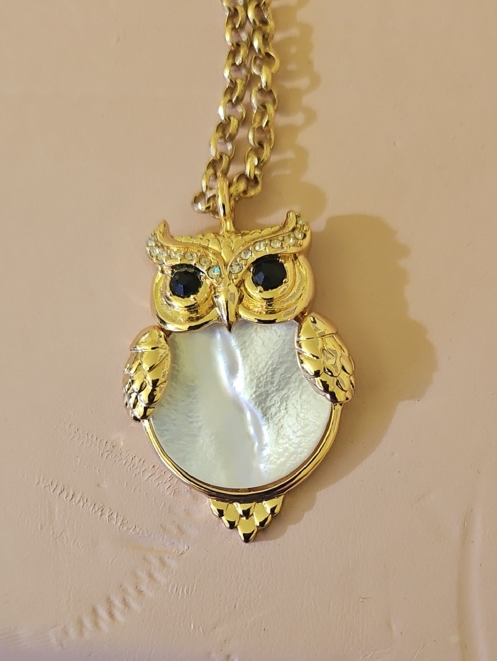Gold Owl Pendant Necklace with Mother-of-Pearl